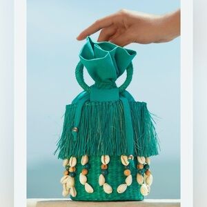 SensiStudio Handwoven Frayed Small Bucket Bag Seashell Bead Boho Beach Eclectic